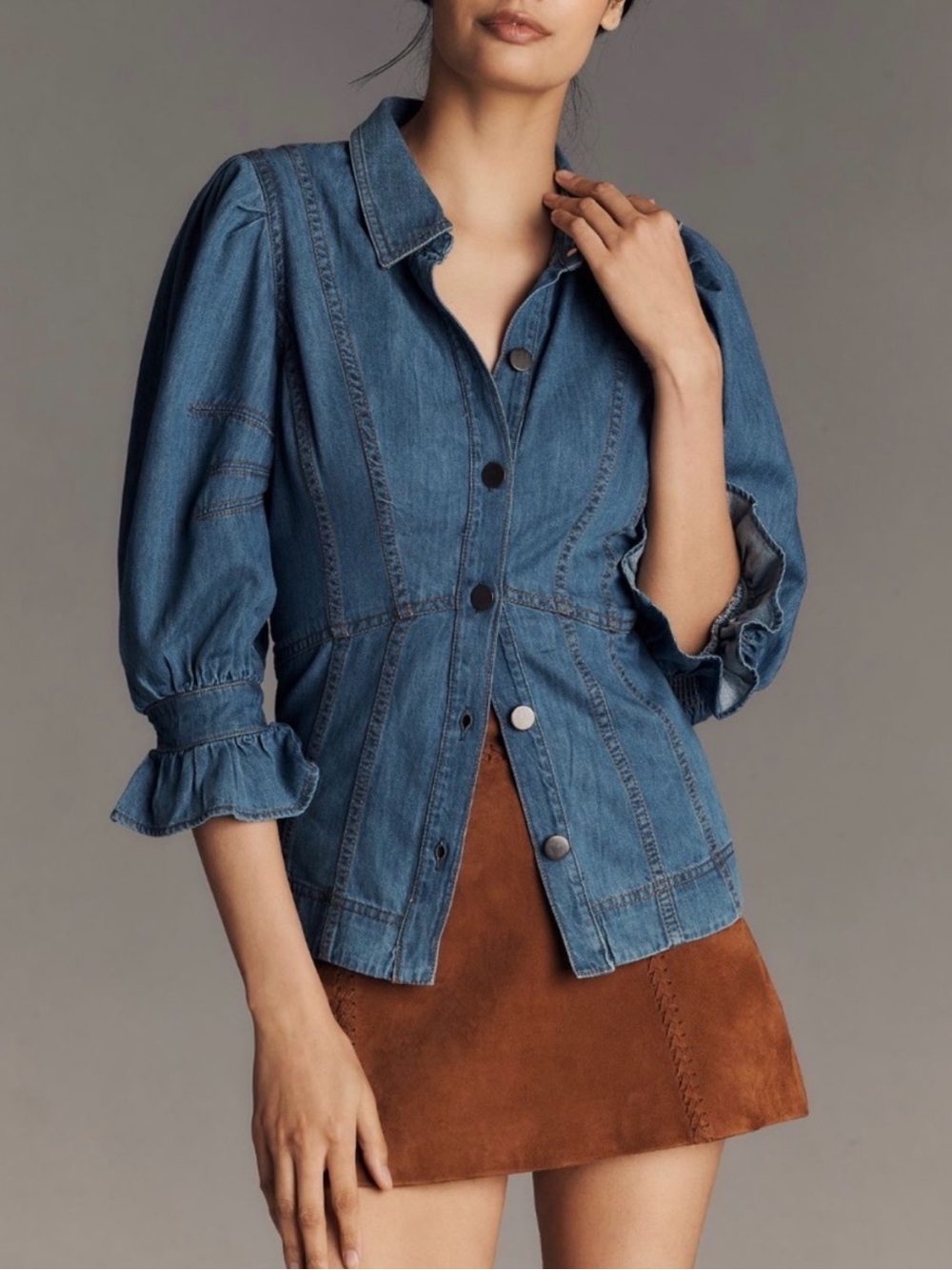 NWT Anthropologie Women’s Denim Button Front 3/4 Sleeve Blouse Shirt Small S